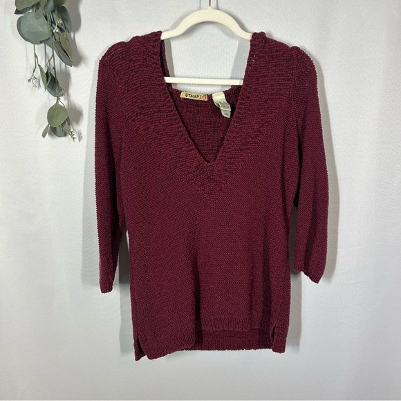 Stamp 10 | Cotton Hooded V Neck Knit Sweater Maroon Stretchy Women’s Size Large - Picture 1 of 11